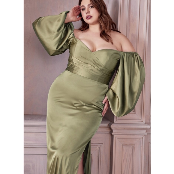Sage Long Sleeve Off The Shoulder Soft Satin Fitted Dress - Picture 2 of 14
